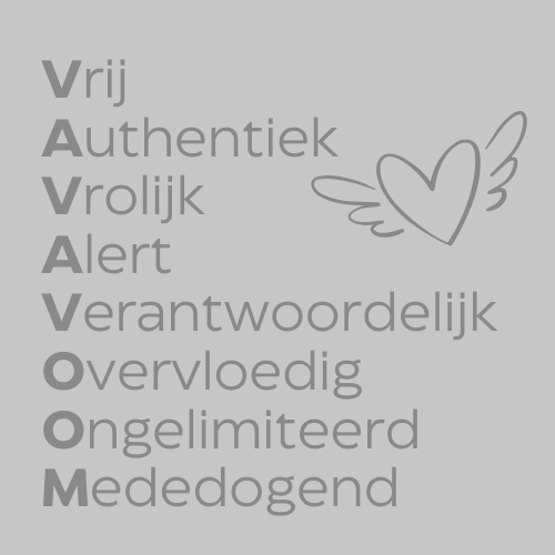 Illustratie met de woorden VAVAVOOM in een creatieve opmaak, met een hart en vleugels, waar elke letter een positieve eigenschap vertegenwoordigt.